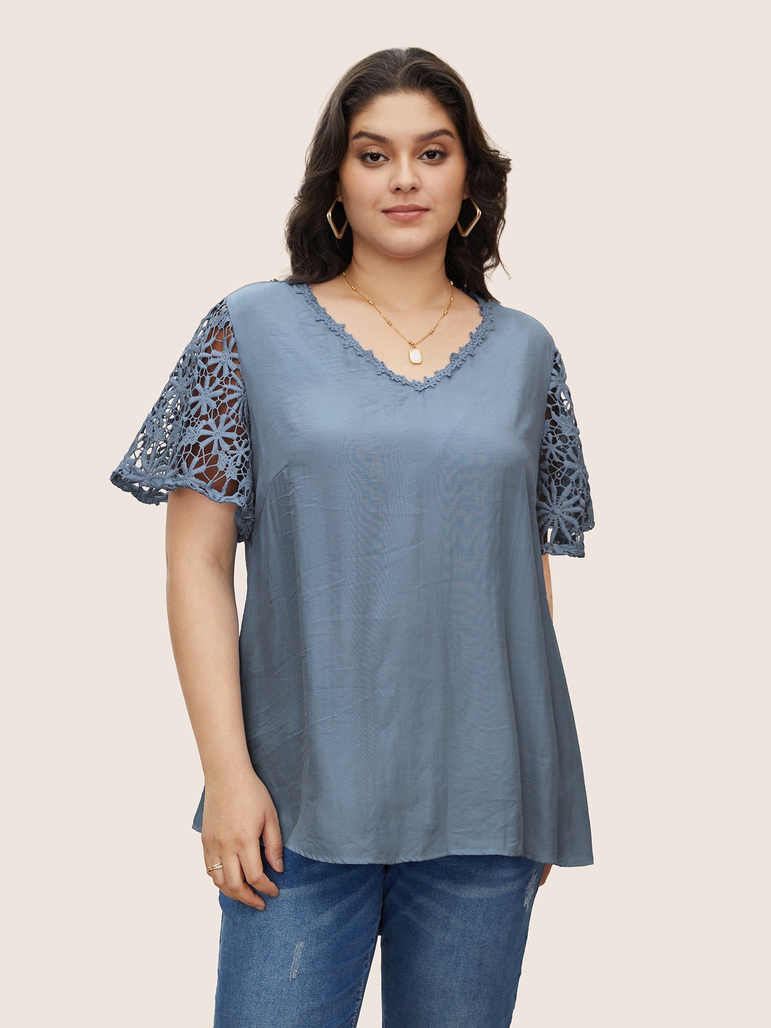 Plain V Neck Floral Patchwork Blouse