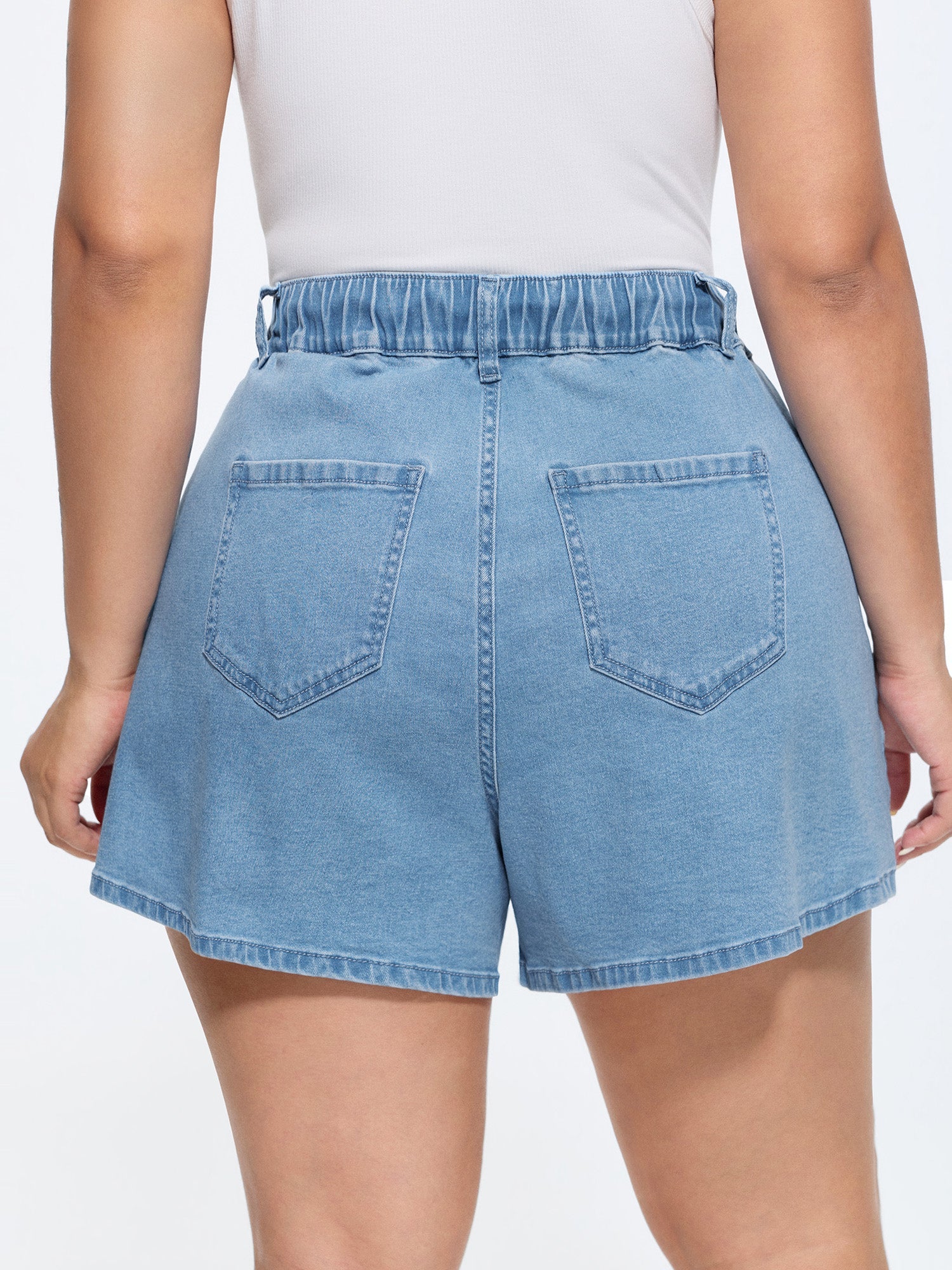 Elastic Waist Drawstring Straight-Leg Denim Shorts