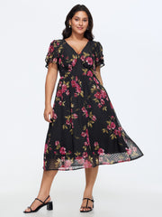 Romantic Floral Print Layered Sleeve Midi Dress