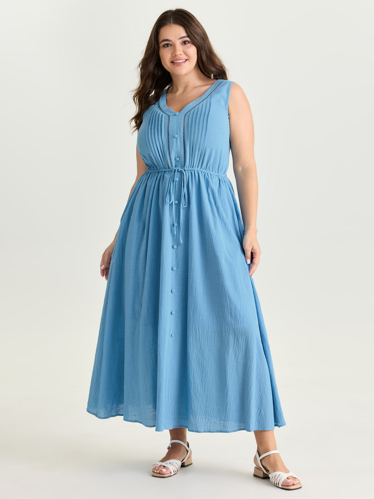Cotton Pleated Bodice Button Detail Maxi Dress