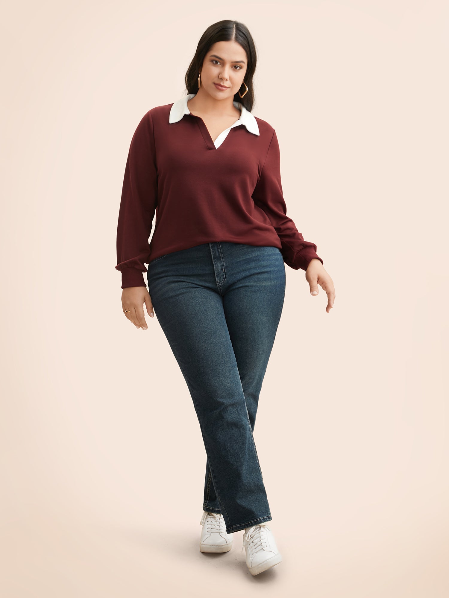 Polo Neck Contrast Patchwork Sweatshirt