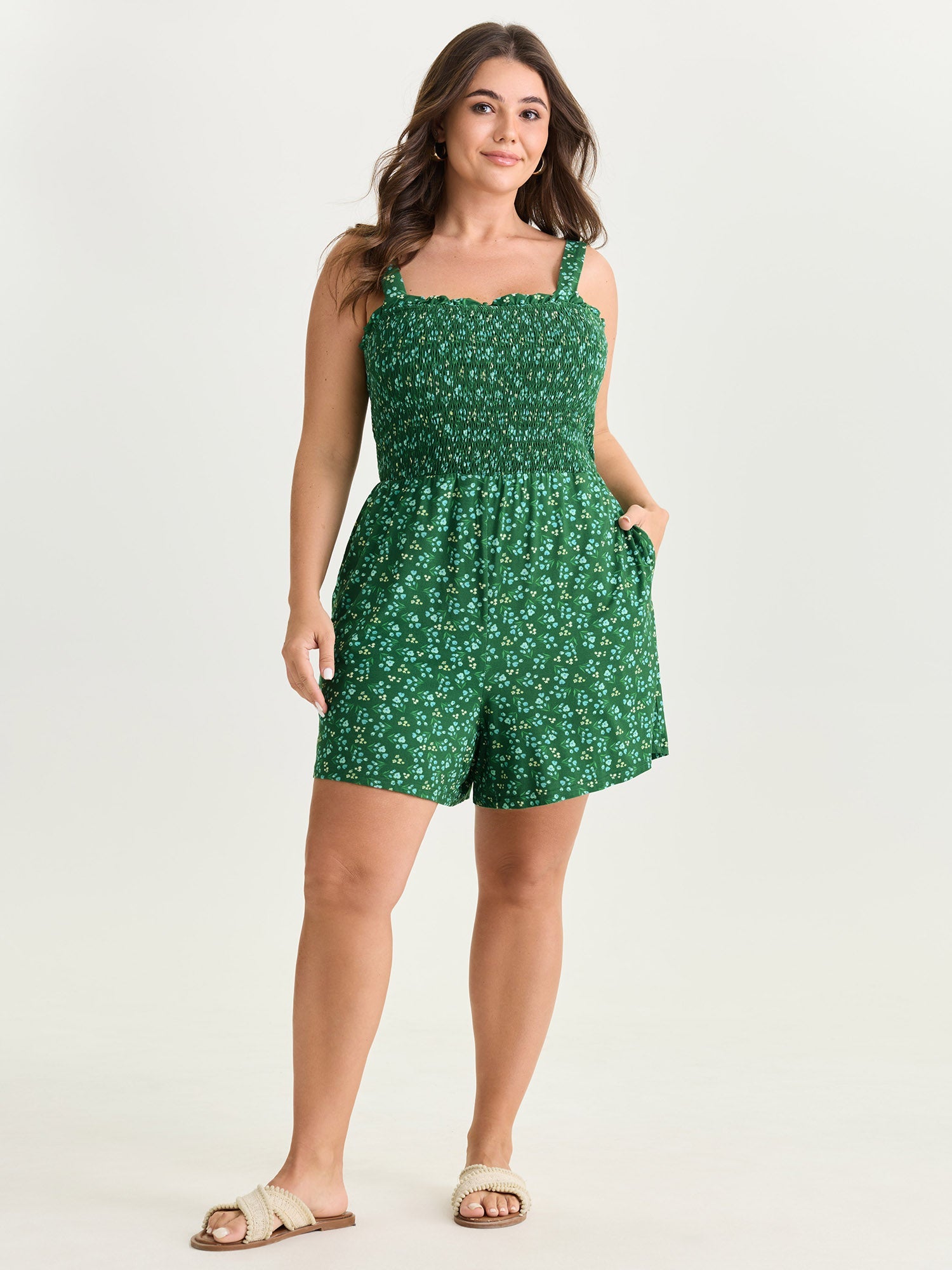 Floral Print Shirred Bodice Romper