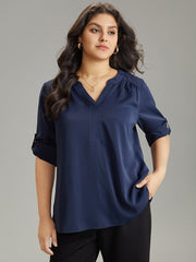 Static-Free Solid Gathered Tab Sleeve Blouse