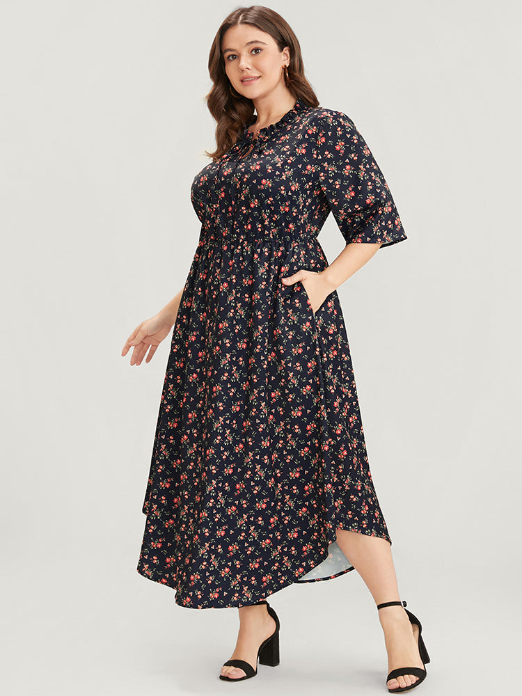 Ditsy Floral Frill Trim Tie Neck Pocket Arc Hem Dress