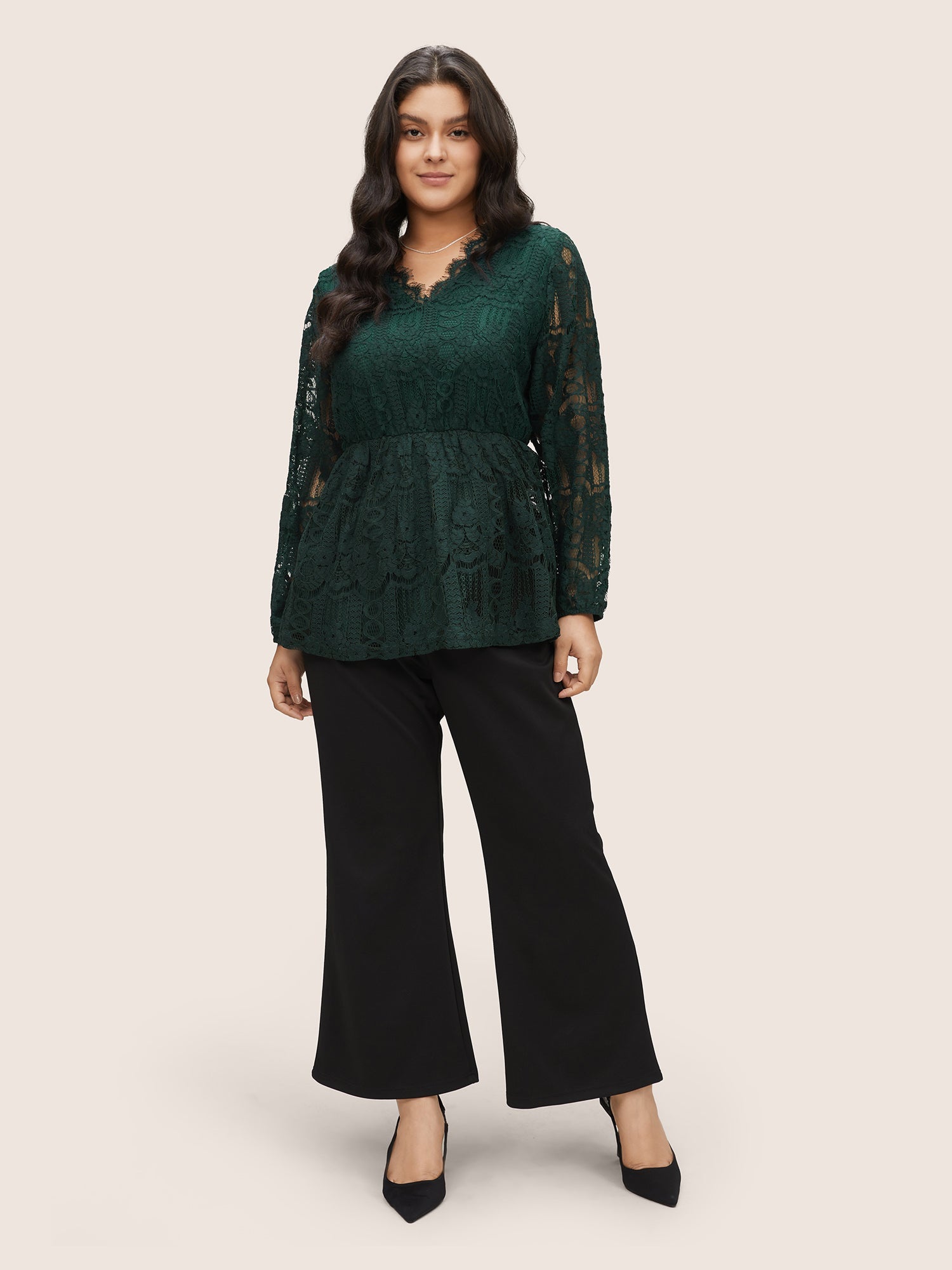 Solid Lace Patchwork Elastic Waist Blouse