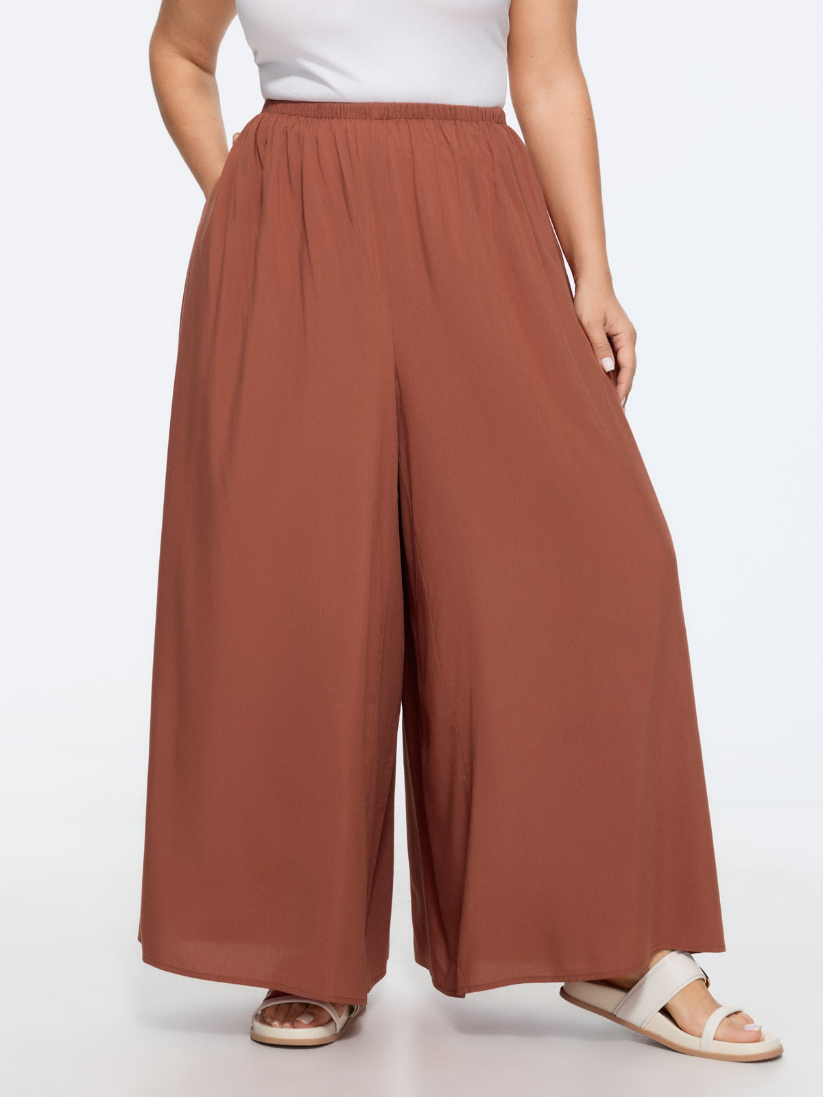 Shirred Waist Plain Flowy Wide-Leg Pants