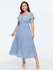 Shirred Cinched Waist Tiered Midi Dress