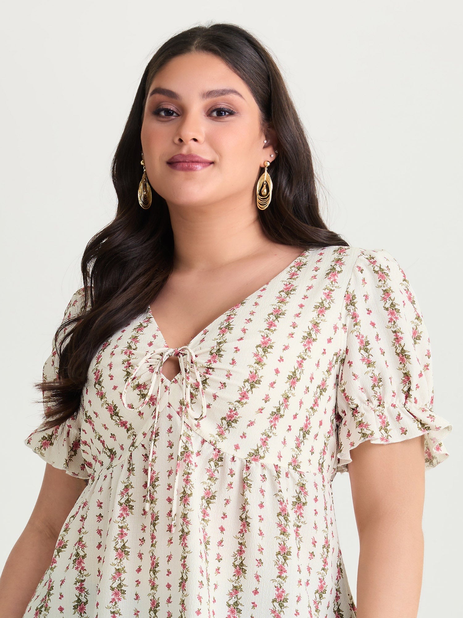 Floral Striped Adjustable Drawstring Blouse