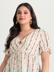Floral Striped Adjustable Drawstring Blouse