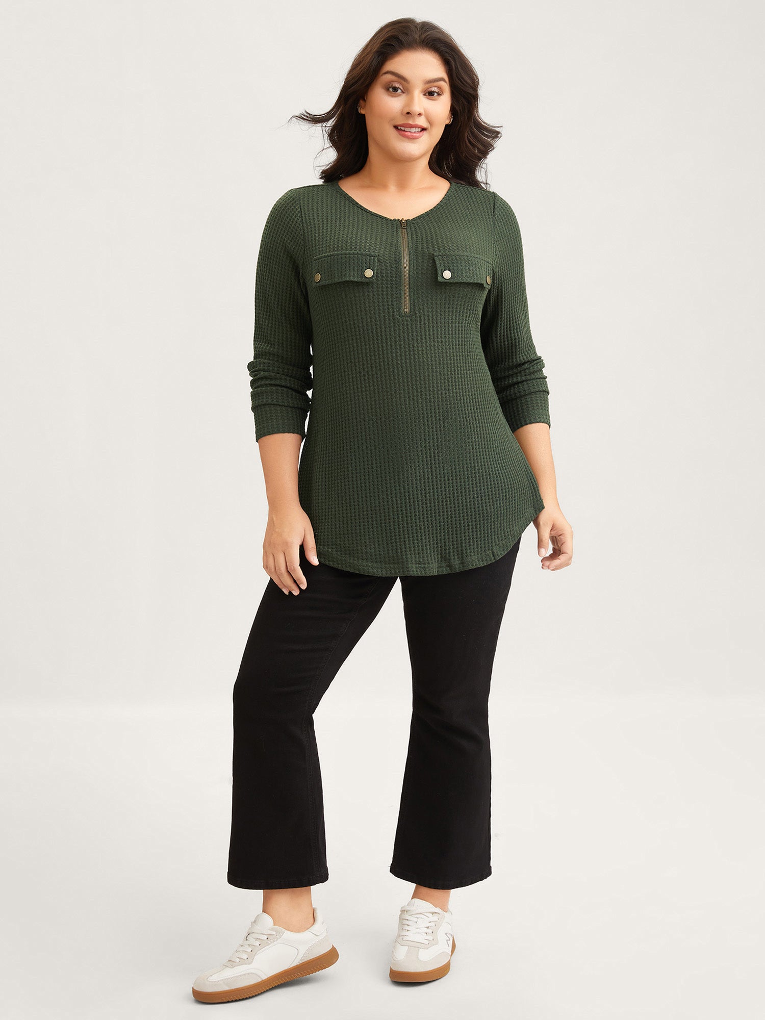 Half Zipper Flap Detail Pockets Knit Top