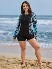 Floral Print Zipper Pocket Swim Top