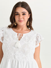 Cotton Lace Textured Tassel Neckline Knit Top