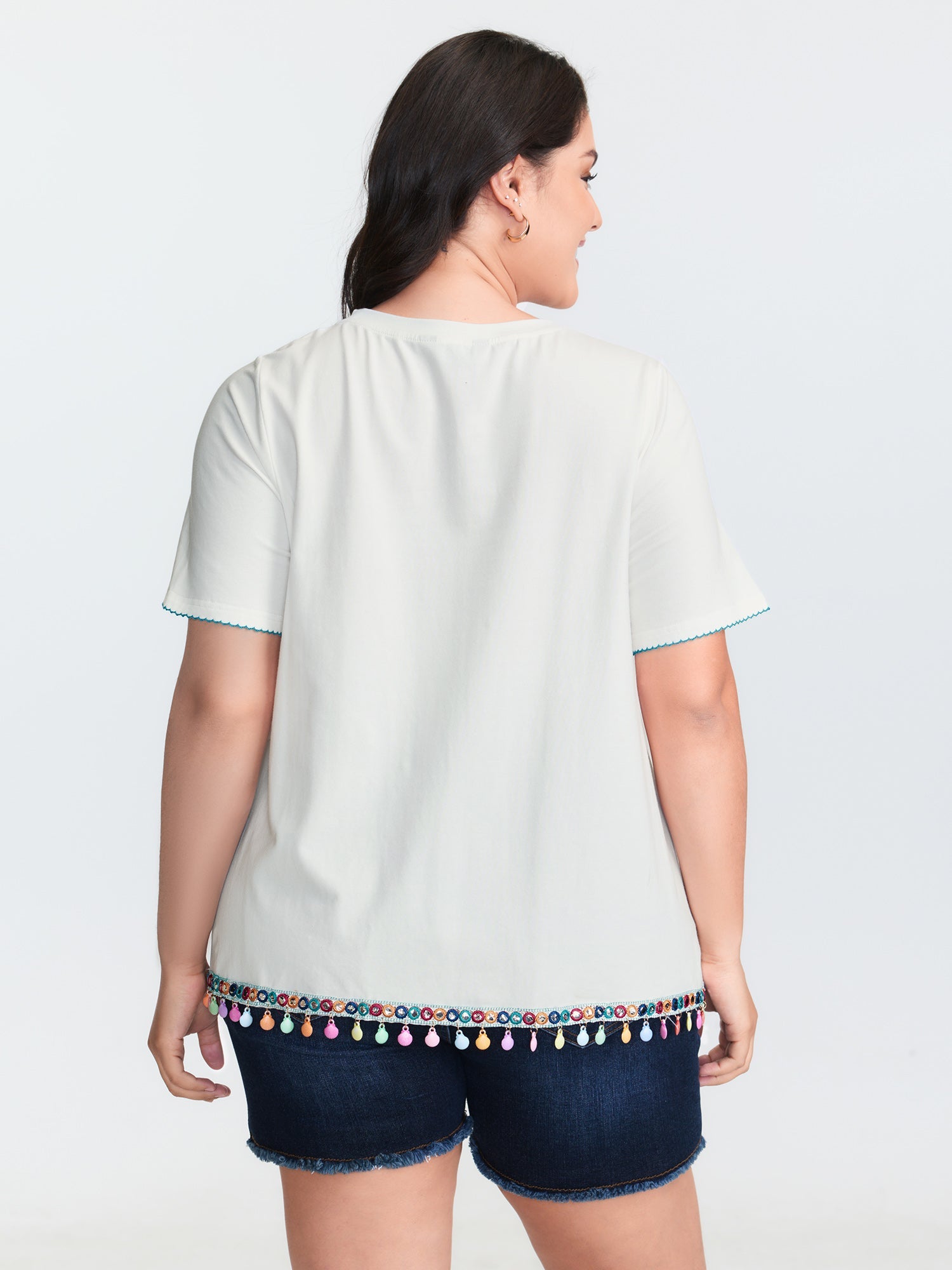 Cotton Stretchy Colorful Tassels Round Neck T-Shirt