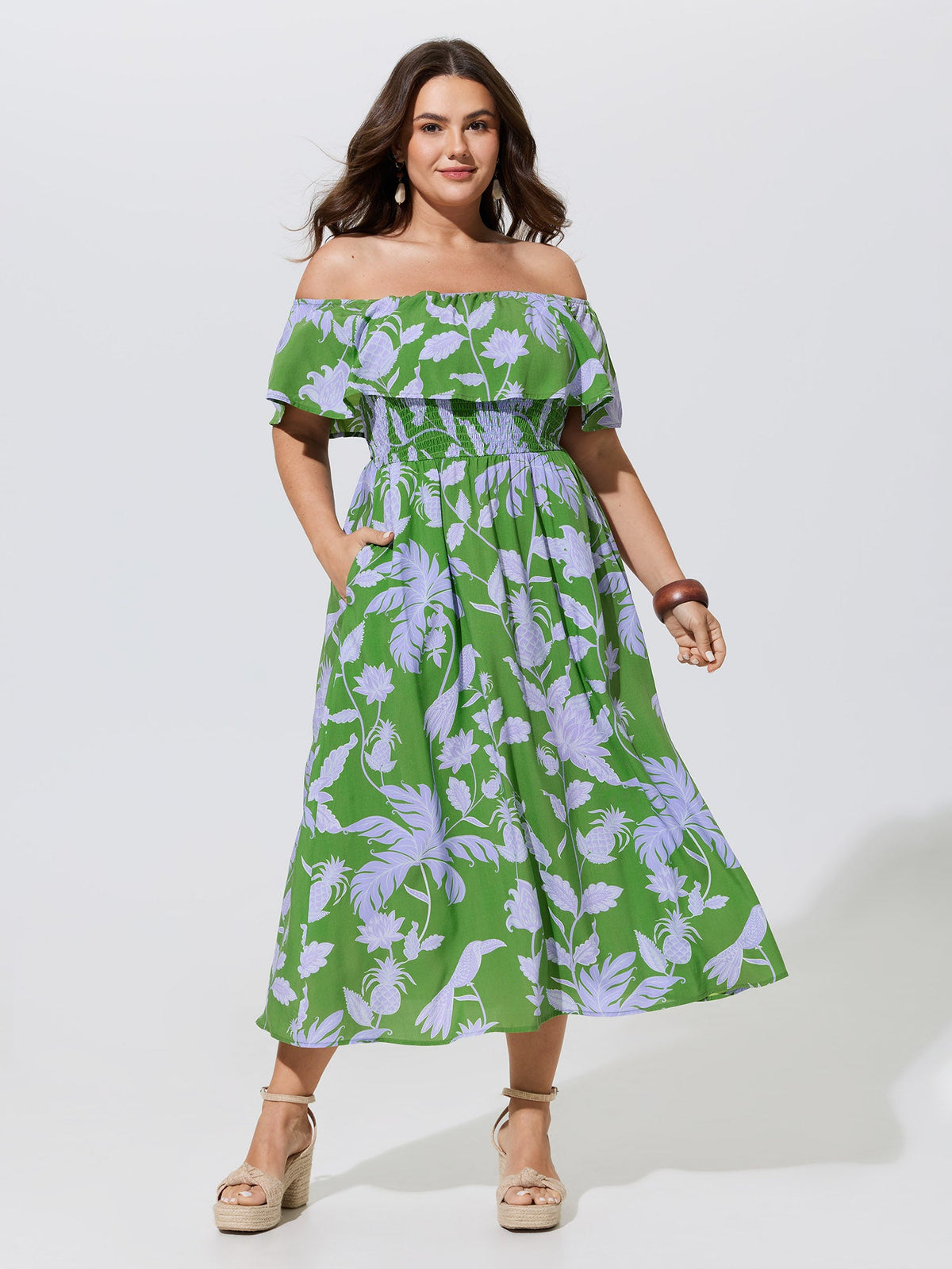 Floral Print Shirred Off-Shoulder Midi Dress