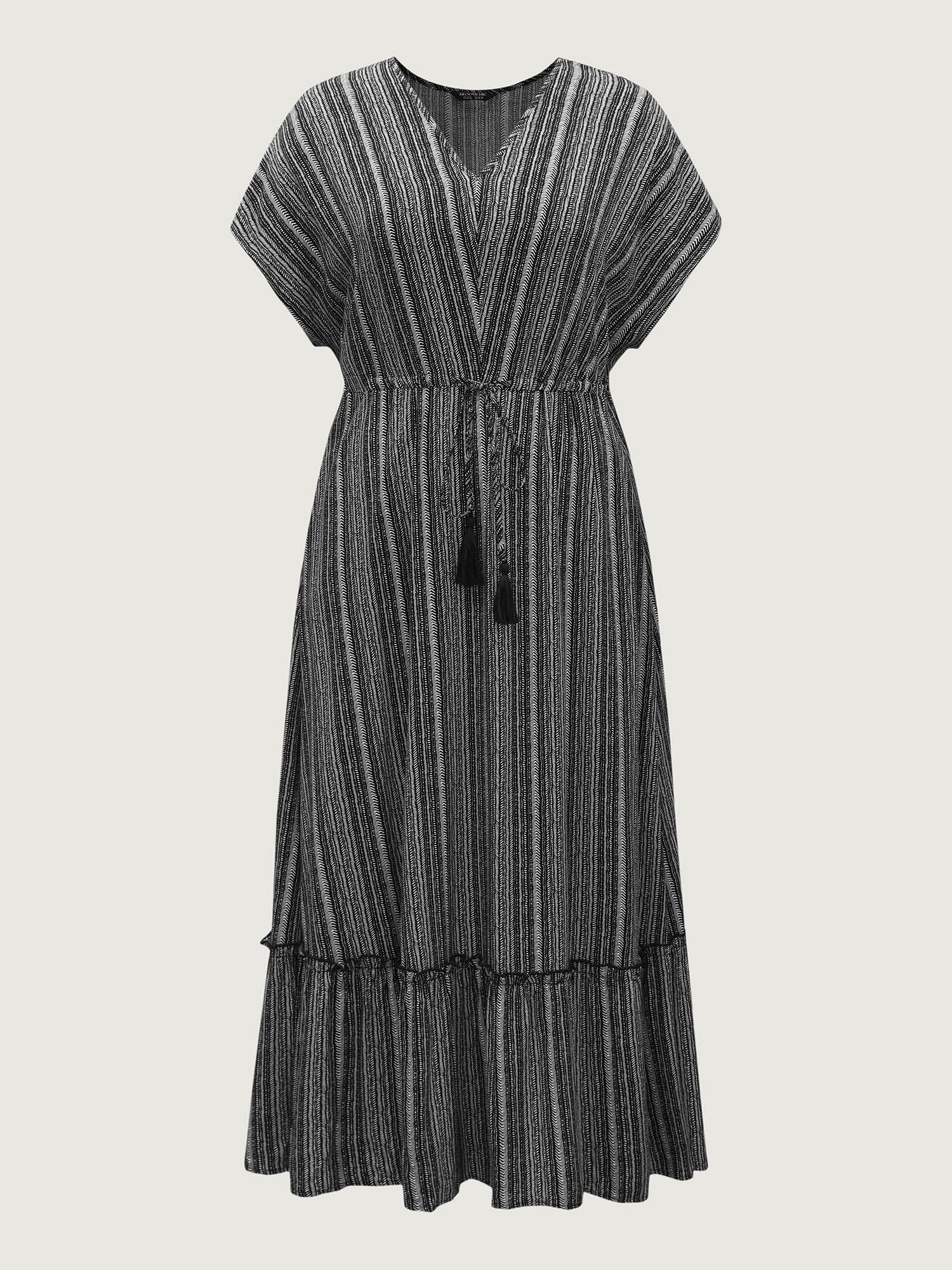 Striped Tassel Drawstring Tiered Midi Dress