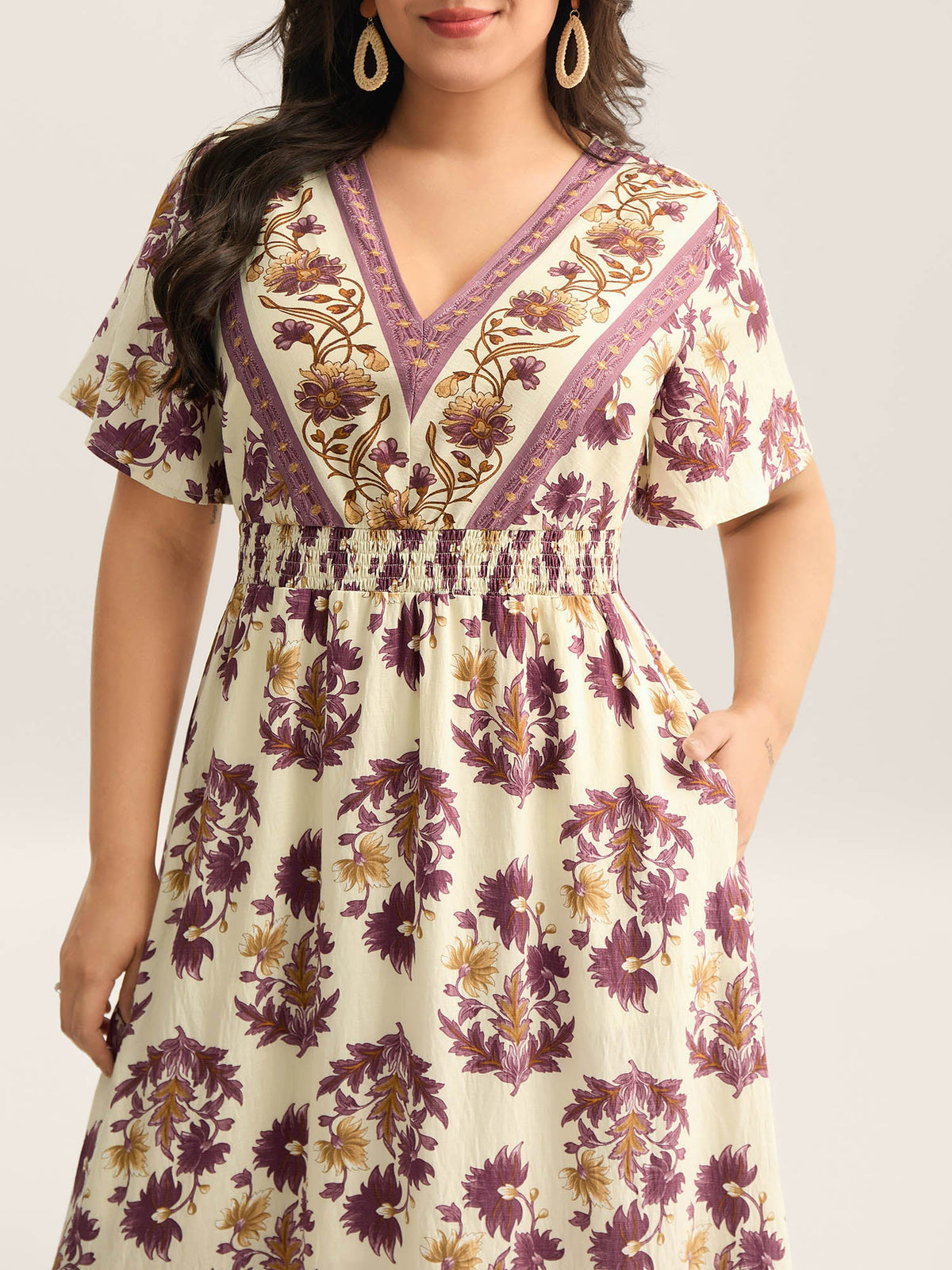 Rayon Floral Print Stretchy Waist Midi Dress