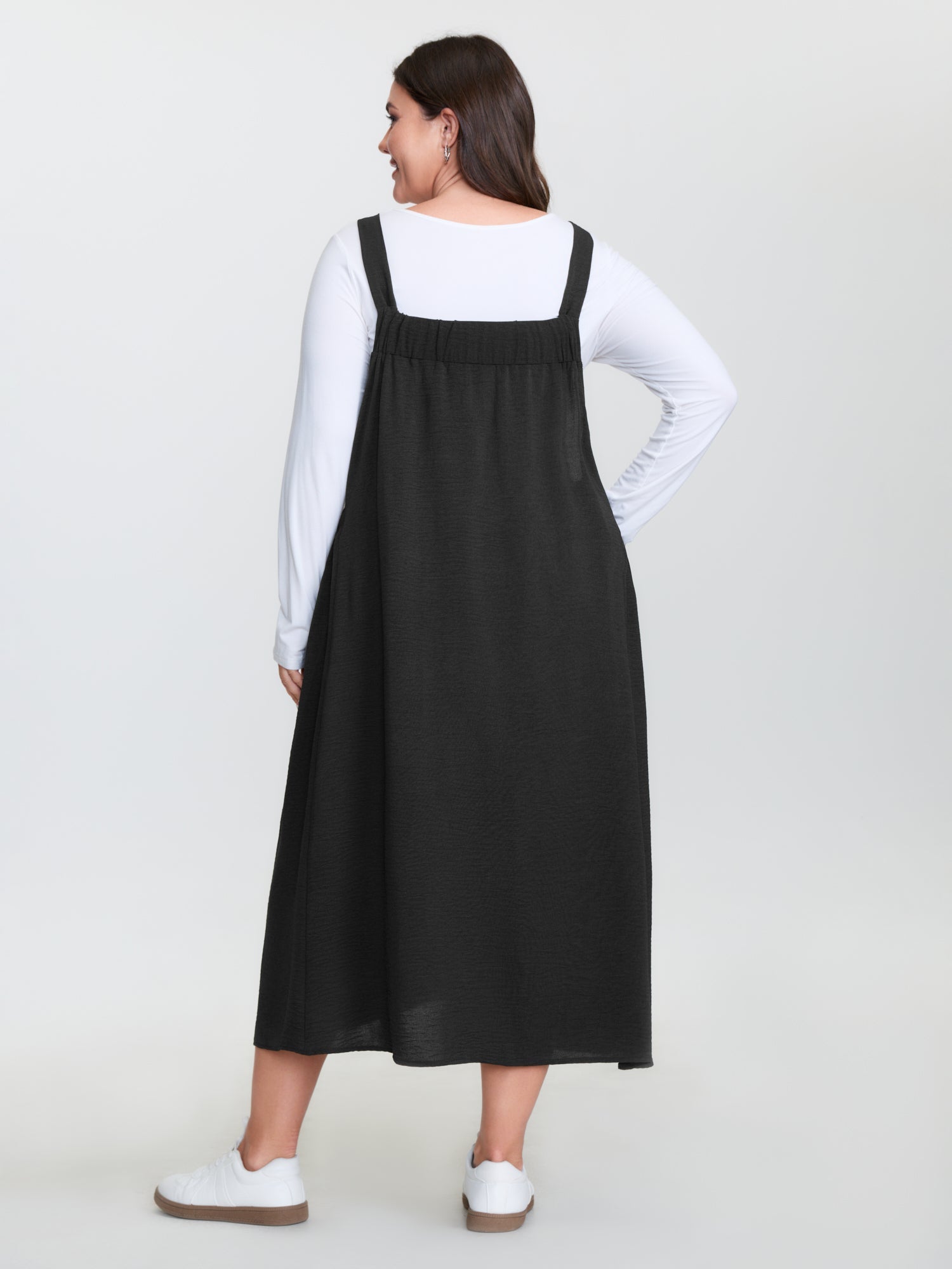 Adjustable Overall Straps Shirred Midi Dress