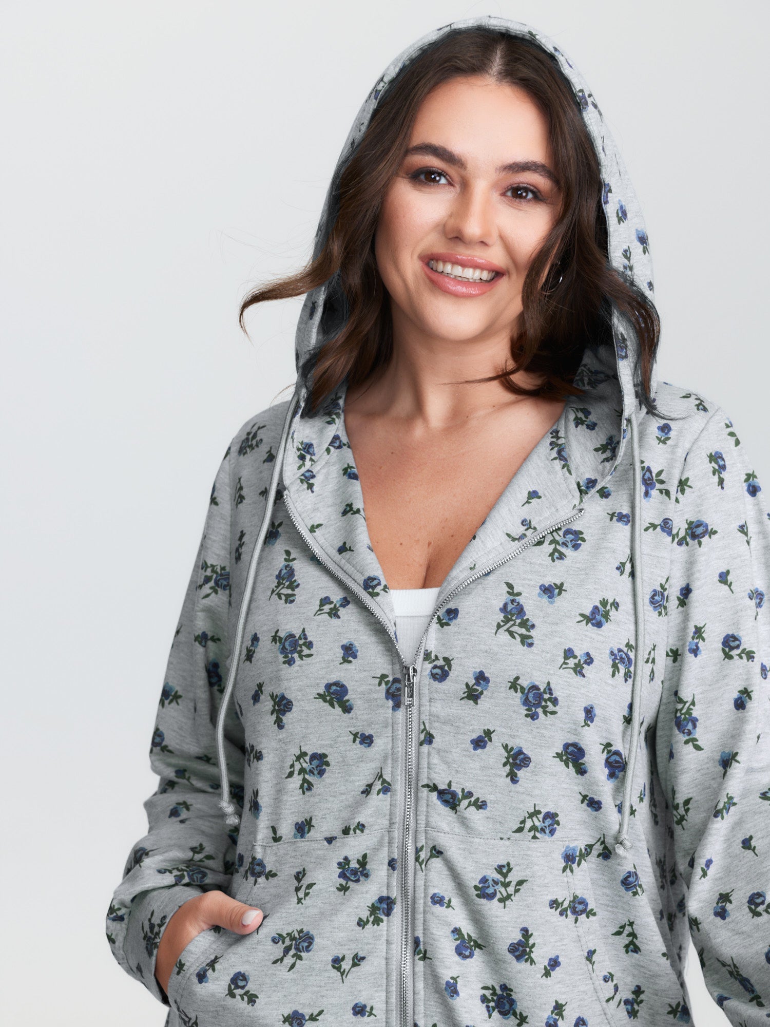 Floral Print Zipper Hoodie