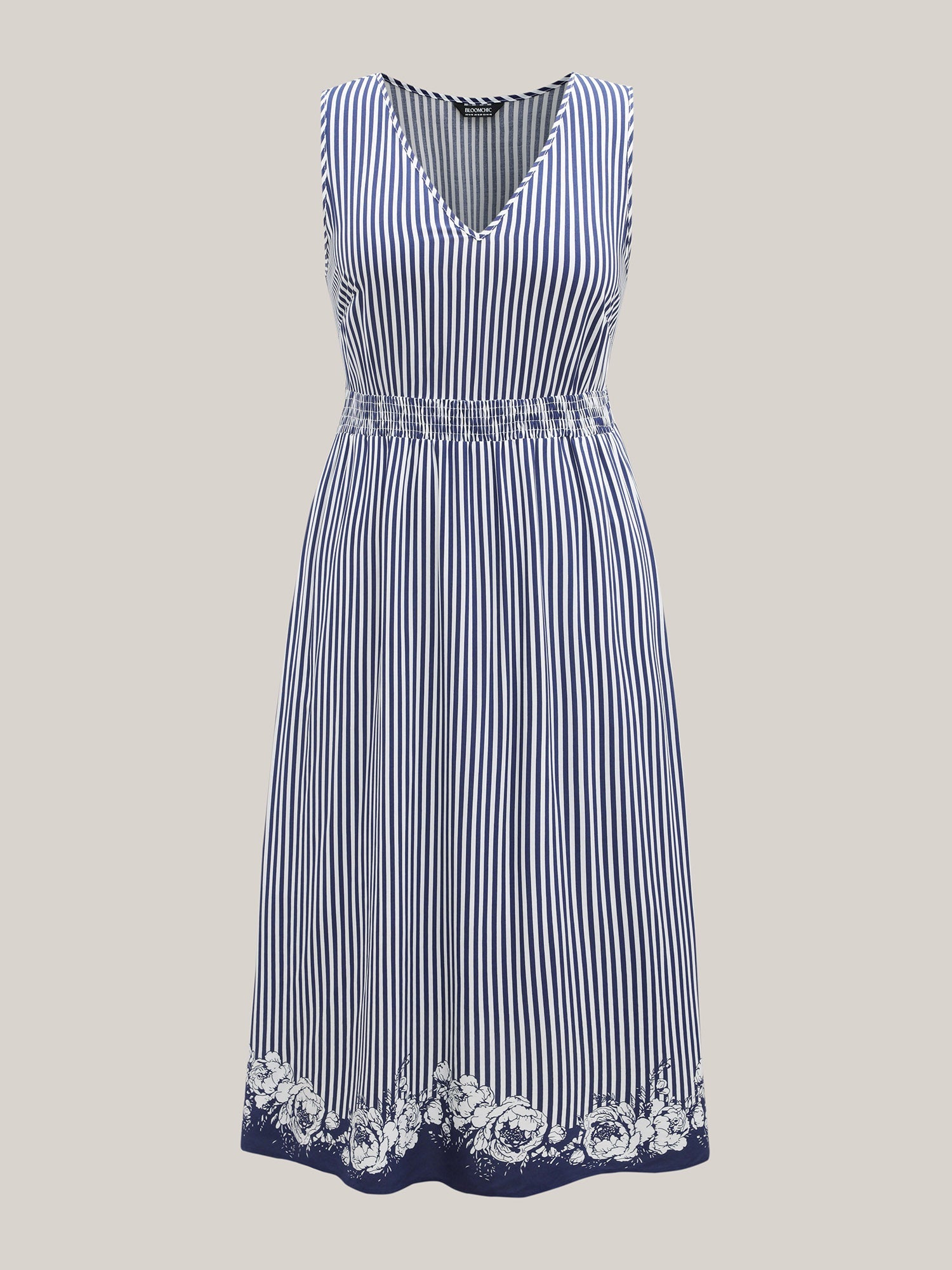 Stripes Cinched-Waist Floral Hem Midi Dress