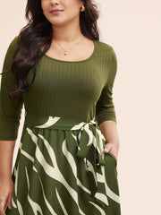 Geometric Texture Patchwork Belted Dress