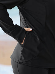Zipper-Front Pockets Raglan Sleeve Swim Top