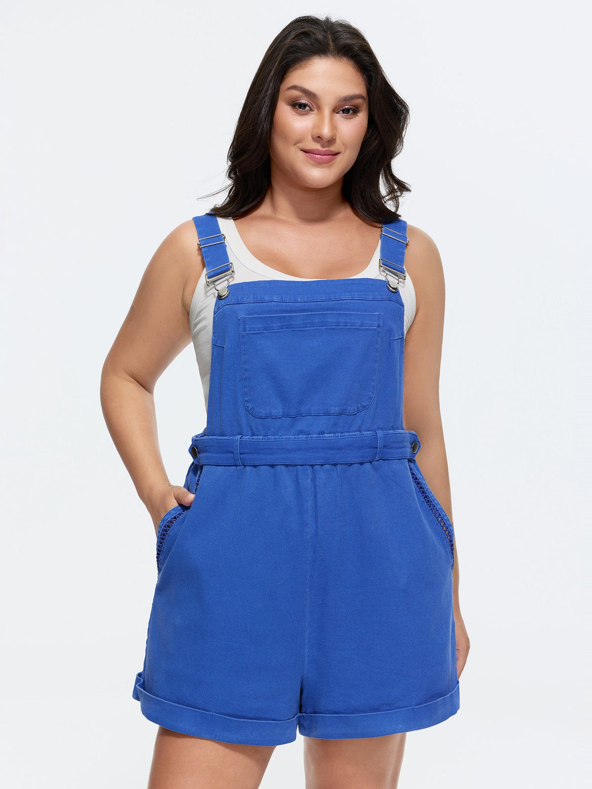 Cotton Overall Pockets Folded Hem Romper