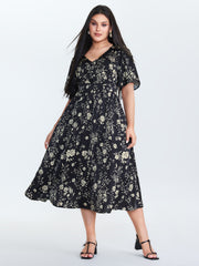 Floral Print V-Neck Cinched-Waist Midi Dress