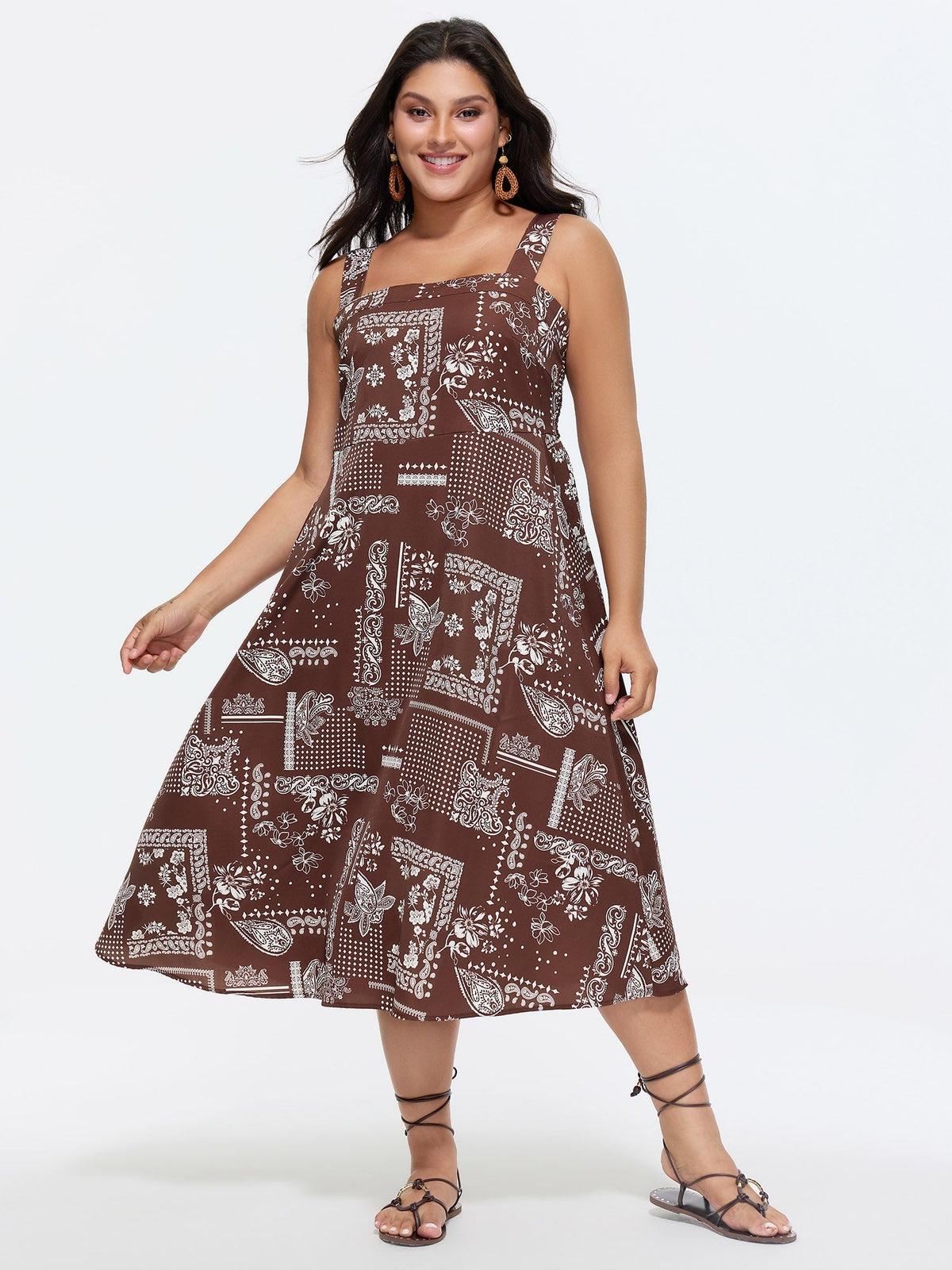 Geometric Print Shirred Overall Straps Midi Dress