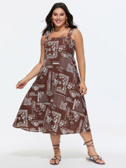 Geometric Print Shirred Overall Straps Midi Dress