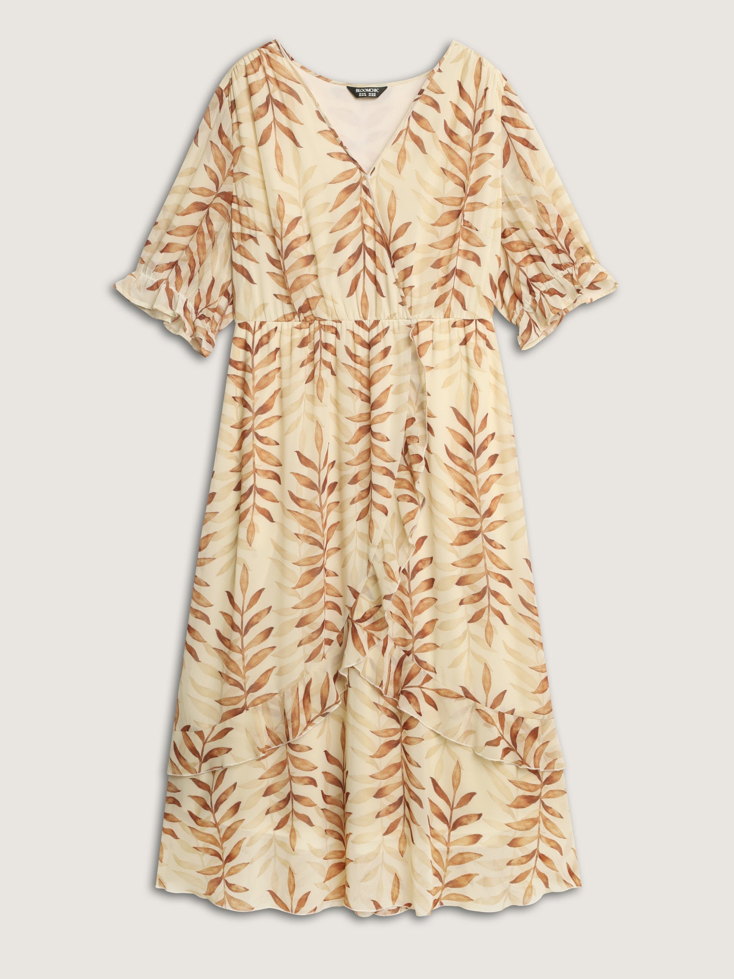 Leaf Print Wrap Neckline Ruffled Maxi Dress