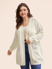 Kimono Collar Patch Pocket Pointelle Knit Cardigan