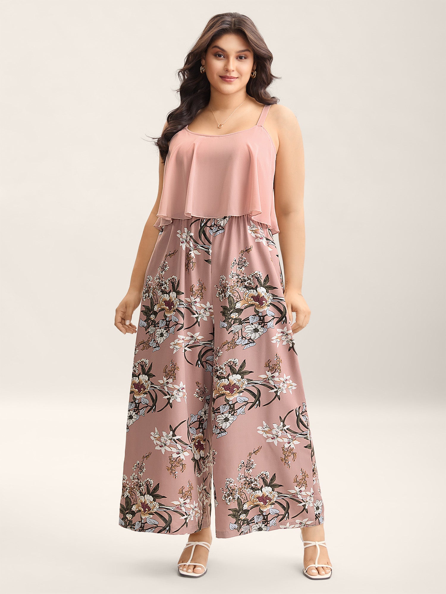 Large Flower Print Spliced Wide-Leg Jumpsuit