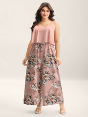 Large Flower Print Spliced Wide-Leg Jumpsuit