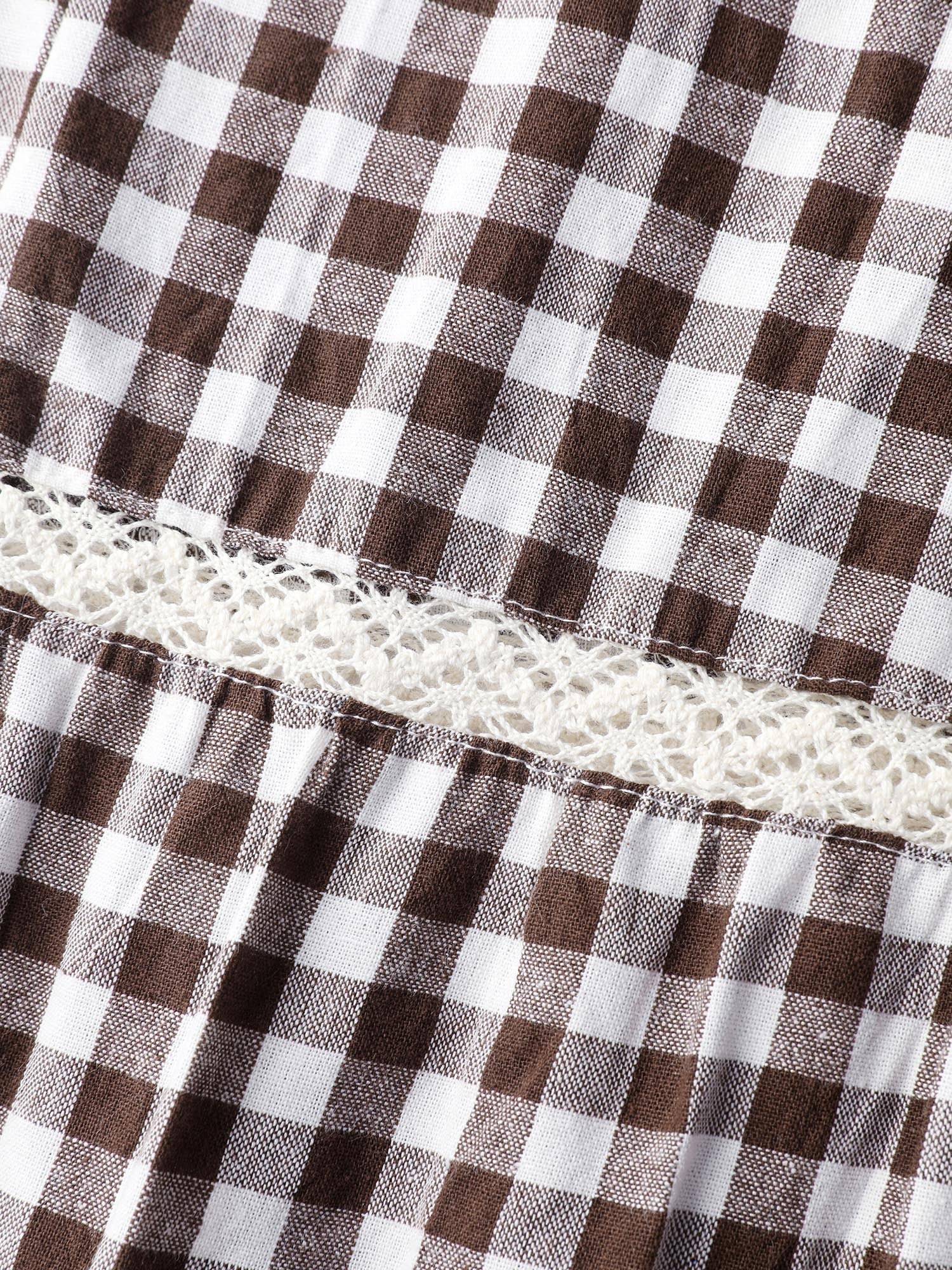 Gingham Lace Shirred Tiered Midi Dress