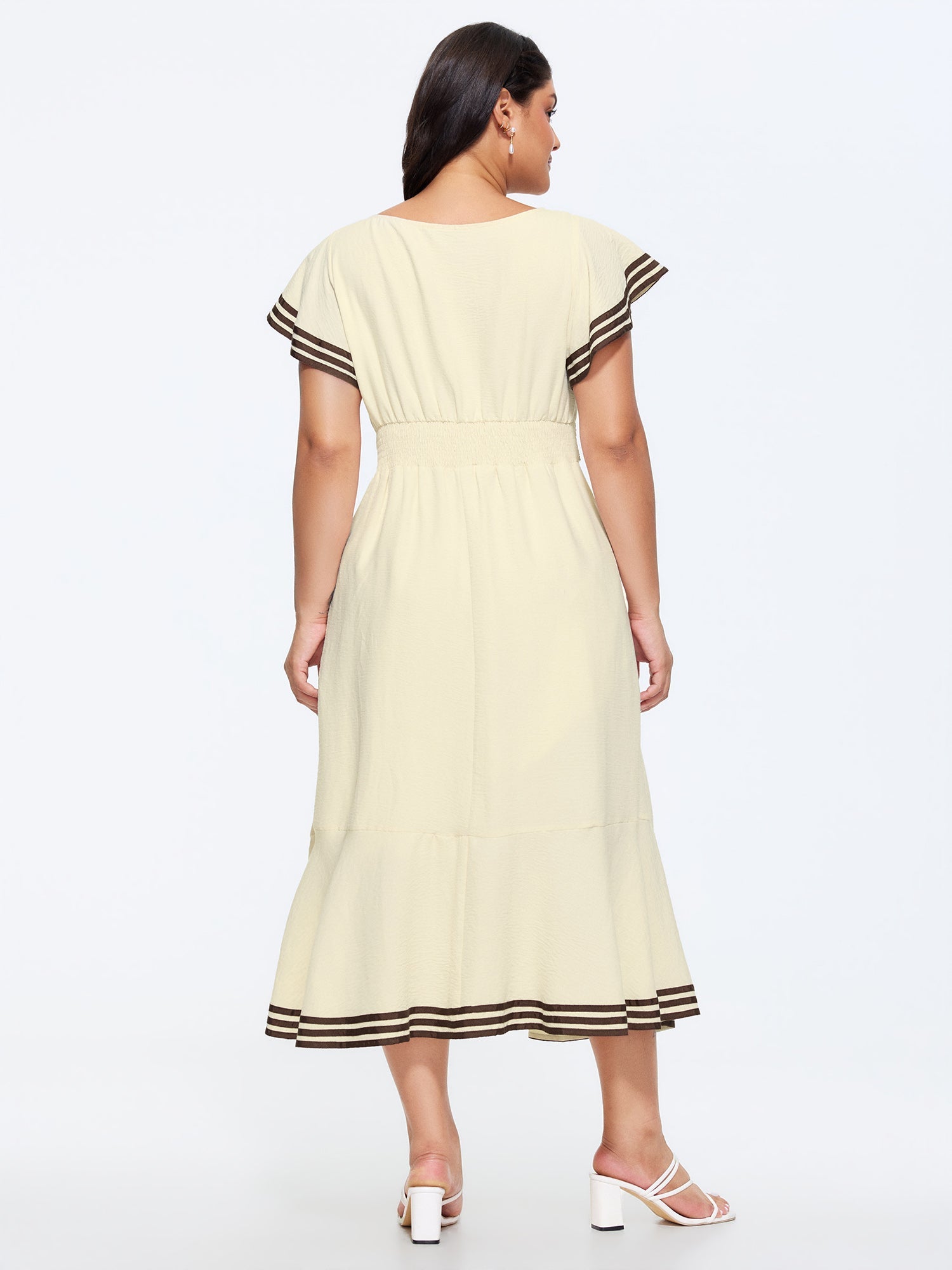 Color Contrast Ruffled Sleeve Midi Dress