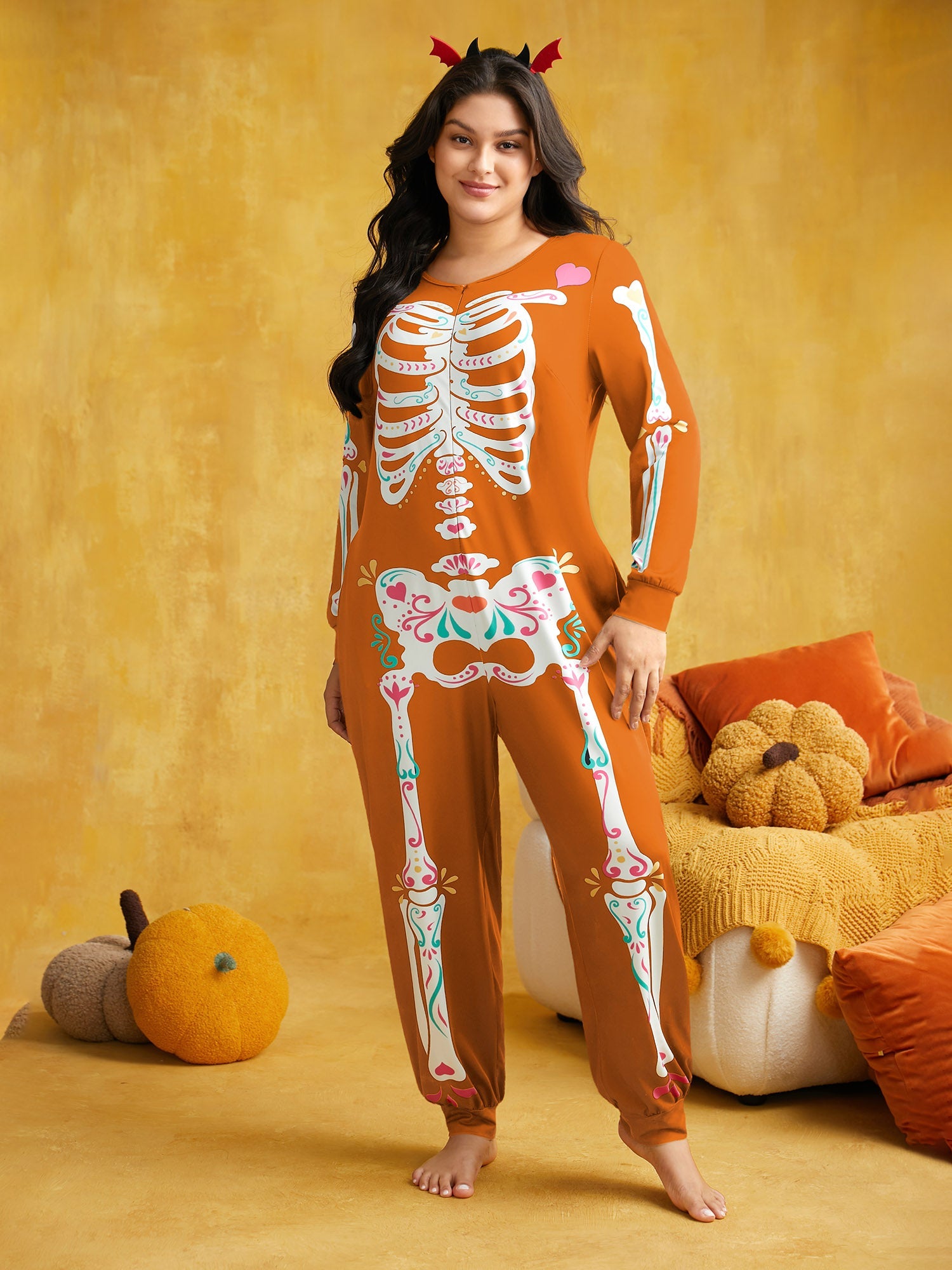 Skeletal Rib Print Hidden Zipper Lounge Jumpsuit