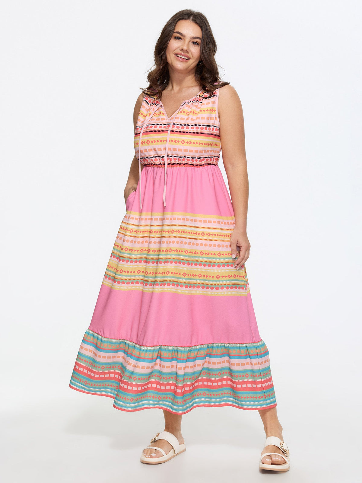 Colorful Striped Print Drawstring Neckline Maxi Dress