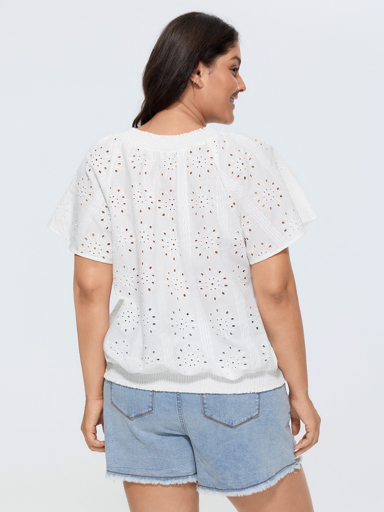 Eyelet Textured Shirred Hem Blouse