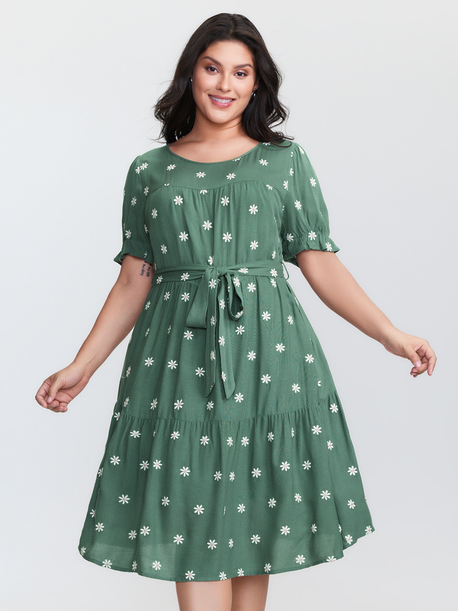 Supersoft Floral Embroidered Waist-Tie Mini Dress