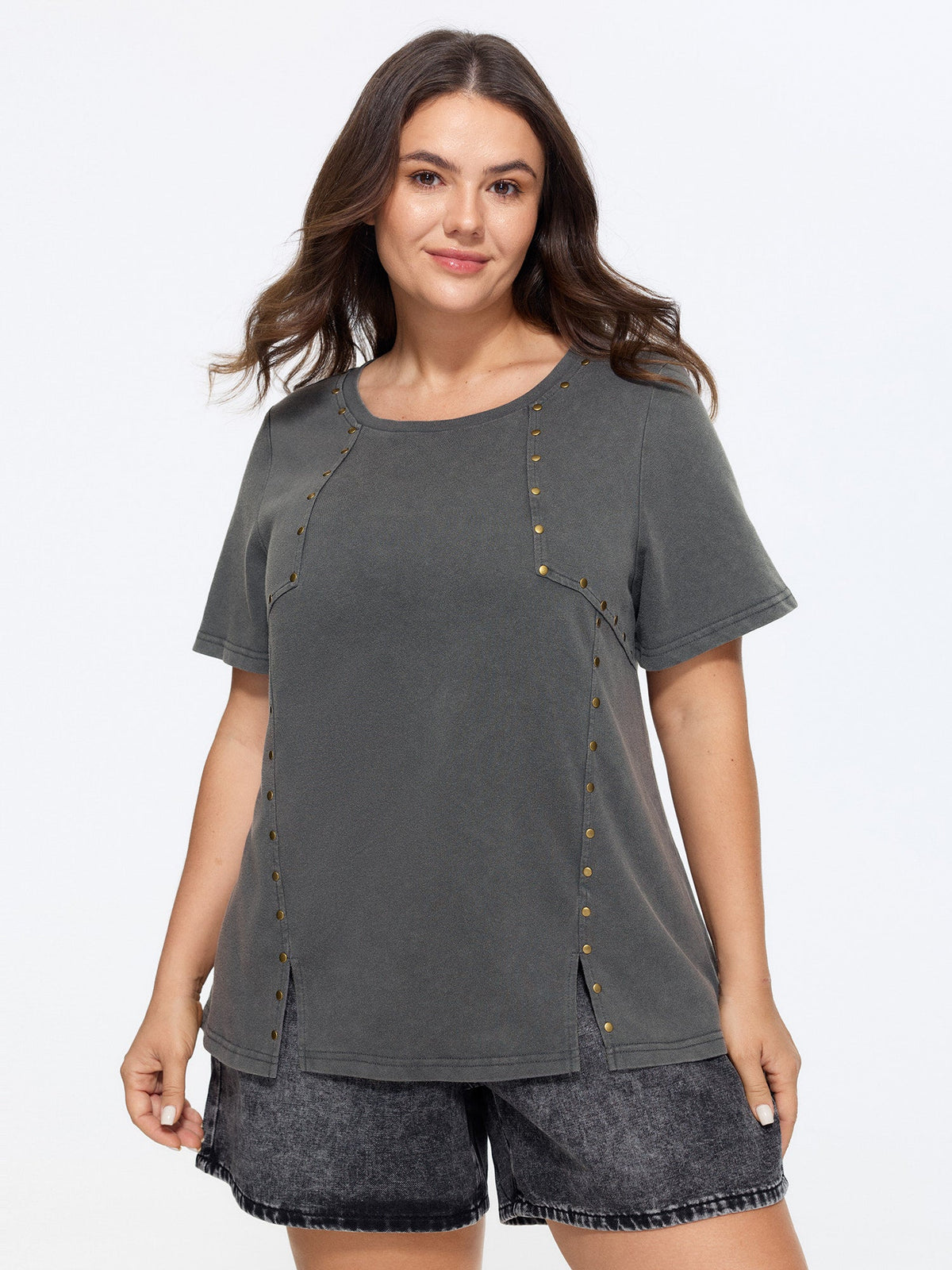 Beadwork Split Hem Plain T-Shirt