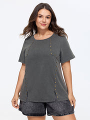 Beadwork Split Hem Plain T-Shirt