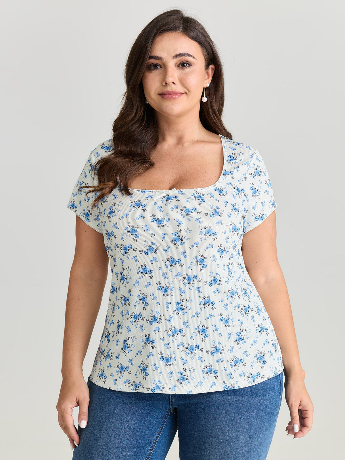 Stretchy Floral Print Curvy Hem T-Shirt
