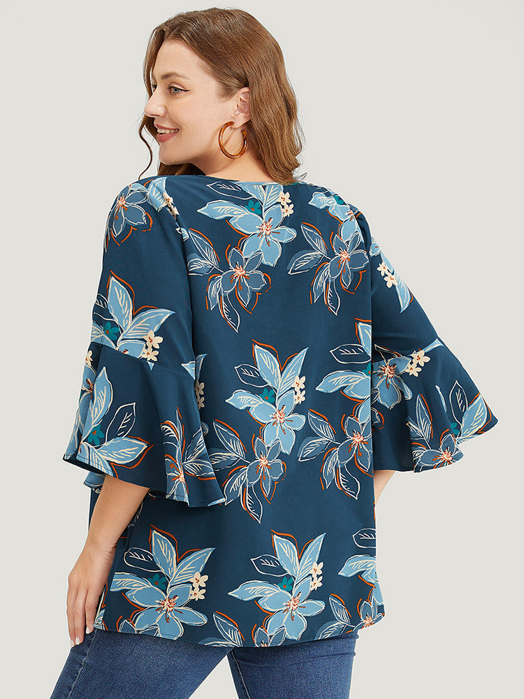 Floral Print Keyhole Neck Split Bell Sleeve Blouse