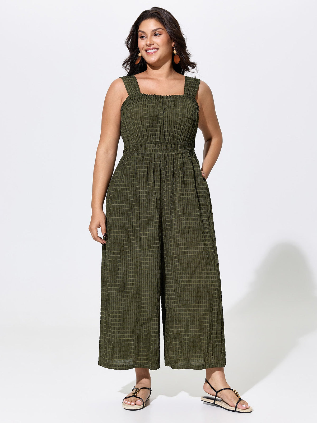 Textured Wide Straps Shirred Waist Jumpsuit