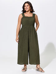 Textured Wide Straps Shirred Waist Jumpsuit