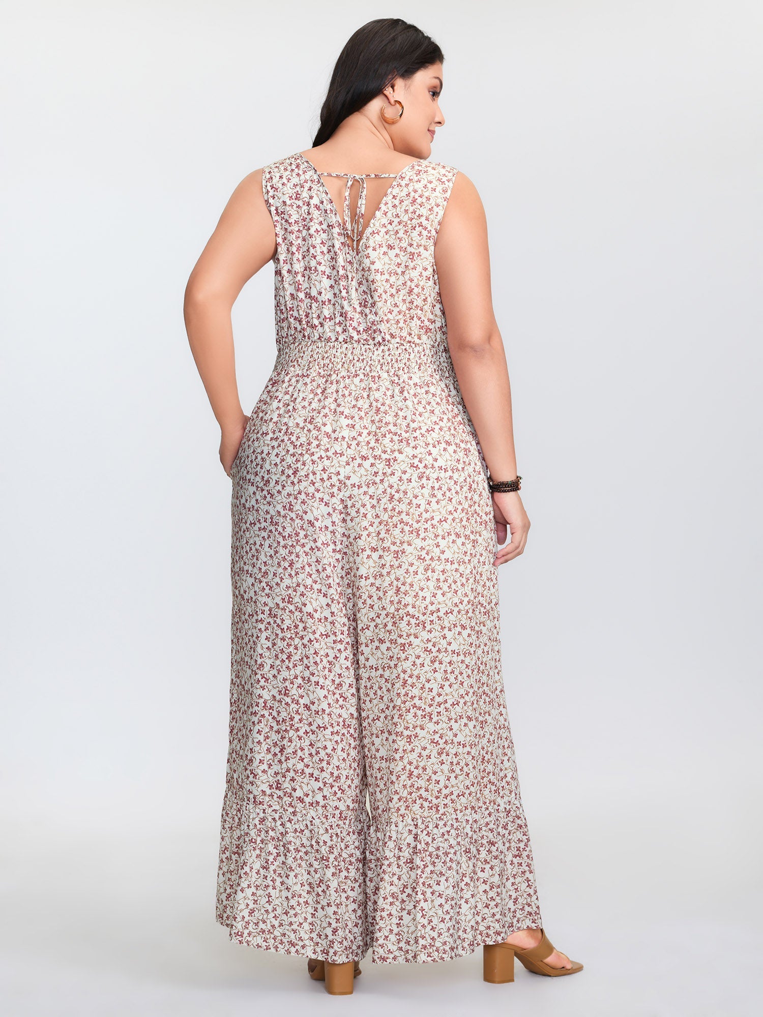 Micro Floral Print Back Tie Ruffled Hem Jumpsuit