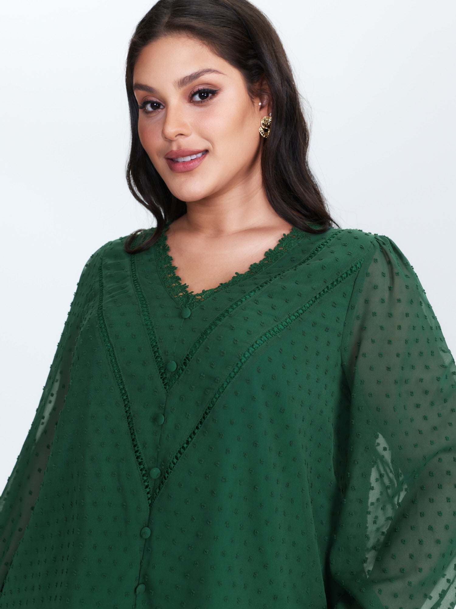 Jacquard Lace Trim V-Neck Blouse