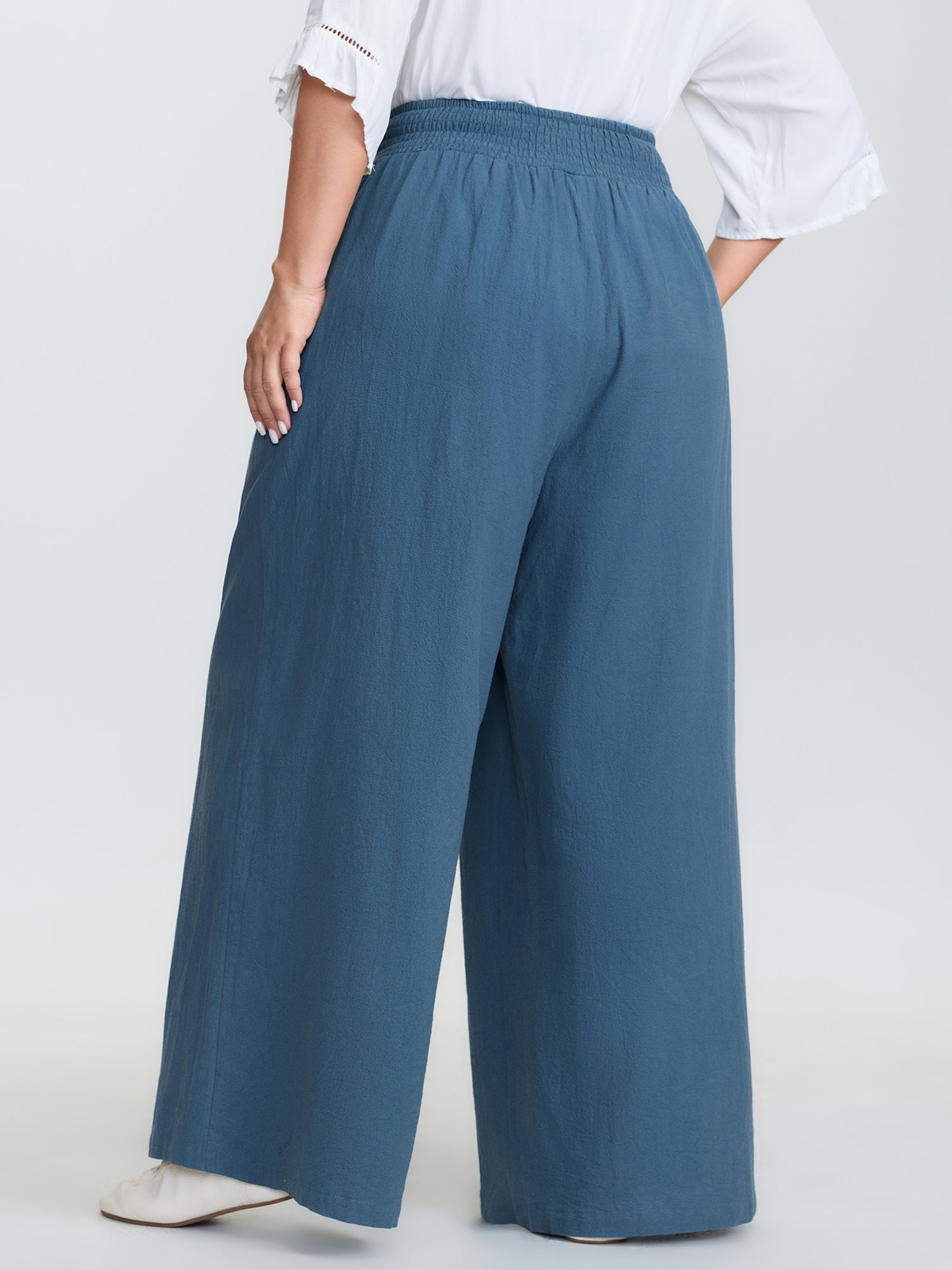 Pure Cotton Shirred Wide-Waistband Pants