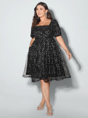 Star Moon Mesh Sequin Fit And Flare Mini Dress