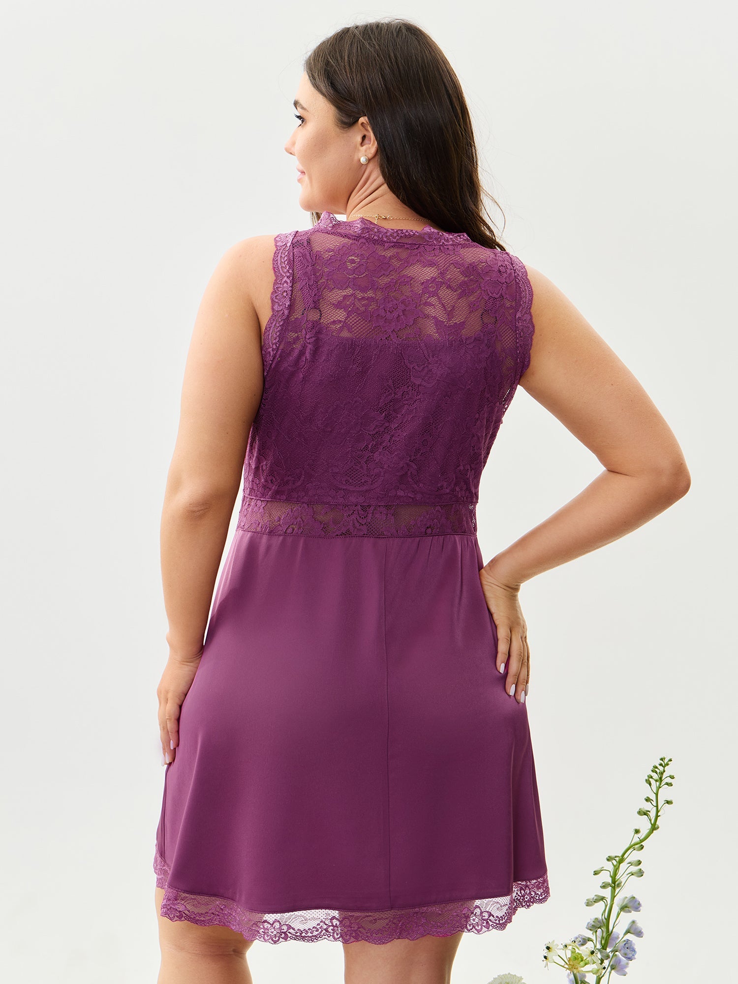 Satin Sheer Lace Surplice Neckline Nightgown